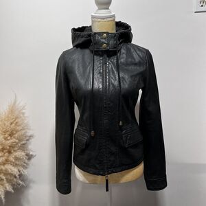 Joie Lamb Leather Silk Lined Black Moto Jacket Removable Hood Womens Size S